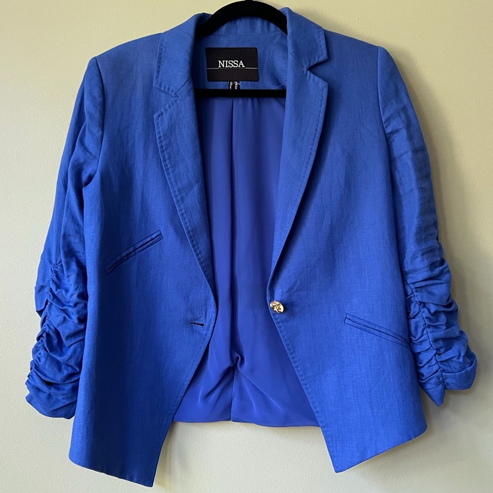 Nissa Contemporary Ruched Sleeves Single Breasted Linen Blazer